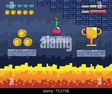 potion with cup prize and fire scene to videogame graphic vector illustration Stock Vector