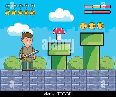 boy with sword and tubes with fungus and coins to videogame scene vector illustration Stock Vector