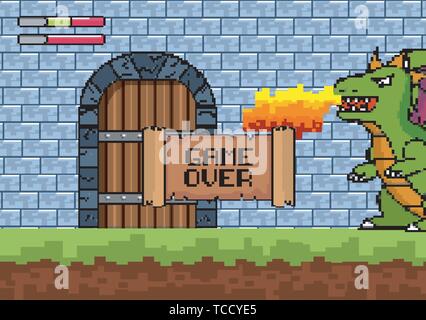 dragon spits fire in the castle door with game over message to videogame scene vector illustration Stock Vector