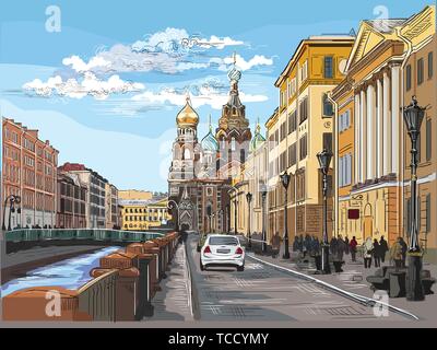 Cityscape of Church of the Savior on Blood in Saint Petersburg, Russia and embankment of river. Colorful vector hand drawing illustration. Stock Vector