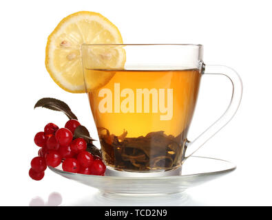 Green tea  with red viburnum and lemon in glass cup isolated on white Stock Photo