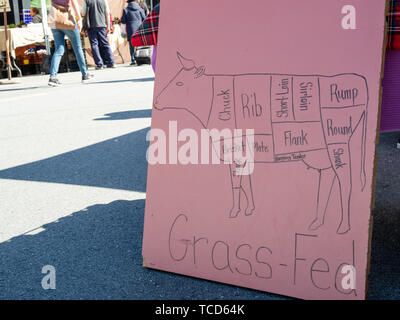 Hand drawn cuts of beef chart on grass fed posted sign outdoors at market Stock Photo