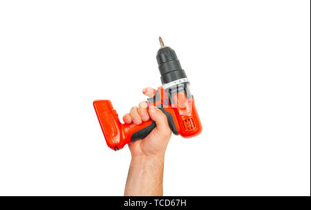 Tool. Hand is holding electric drill isolated on white background. Stock Photo