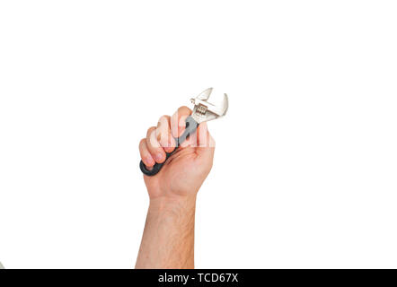 Tool. Hand is holding adjustable wrench isolated on white background. Stock Photo