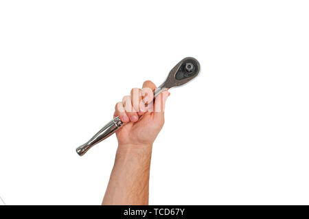 Tool. Hand is holding socket wrench isolated on white background . Stock Photo