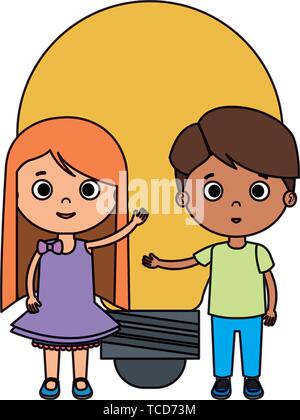 little kids students couple with bulb Stock Vector