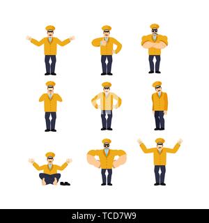 Taxi driver set poses. Cabdriver happy and yoga. Cabbie sleeping and angry. guilty and sad. Vector illustration Stock Vector