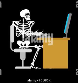 Skeleton Works on computer. Dead man and PC. Laptop Vector illustration Stock Vector