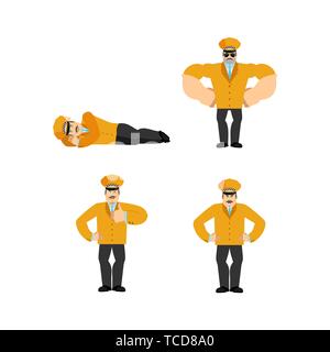 Taxi driver set poses. Cabdriver happy. Cabbie sleeping and angry. guilty and sad. Vector illustration Stock Vector