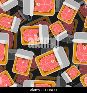 Canned fish pattern seamless. preserve piscine tinned goods background. Vector ornament. Food texture Stock Vector