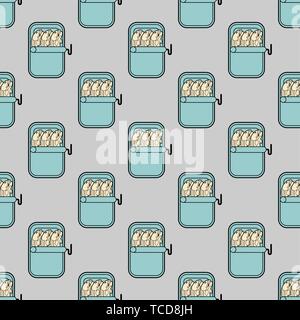 Canned fish pattern seamless. preserve piscine tinned goods background. Vector ornament. Food texture Stock Vector