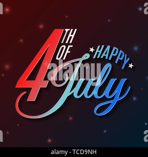 Happy Independence Day. Greeting card for 4th of July. Festive text banner. Glowing text banner. United States of America. Blue and red flying lights. Stock Vector