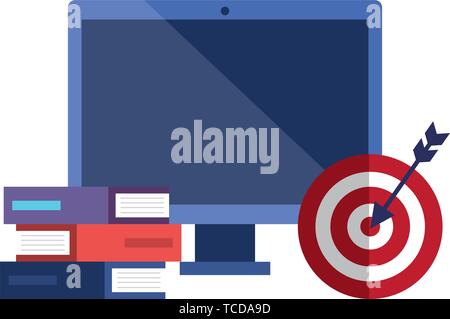 computer with pile text books and target Stock Vector