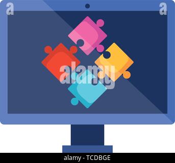 desktop with puzzle game pieces solution Stock Vector