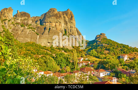 The Meteora rocks and roofs of Kalambaka town, Greece - Landscape Stock Photo