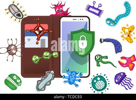 Mobile protection. Smartphone with security shield and infection computer virus attack. Spam data, fraud internet error message, insecure connection,  Stock Vector