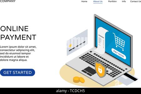 Online payment landing page website design template. Isometric laptop with bank card, shield, check and coins. Internet money transaction protection c Stock Vector