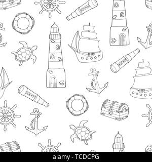 Doodle seamless pattern on marine theme: ship, lighthouse, lifeline, anchor, steering wheel, telescope, sea turtle. Coloring page for kids and adults Stock Vector