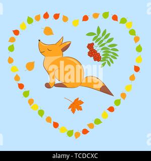 Vector red fox in the heart of colorful autumn leaves on blue background Stock Vector