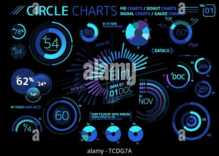 Circle Charts, Pie Charts, Donut Charts, Radial charts and Gauge Charts Infographic Elements Stock Vector