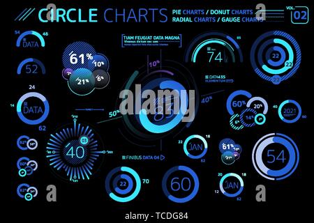 Circle Charts, Pie Charts, Donut Charts, Radial charts and Gauge Charts Infographic Elements Stock Vector