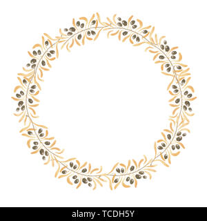 Watercolor wreath of gold color from the branches, leaves and berries of the olive tree Stock Photo