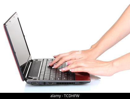 new laptop and woman hands isolated on white Stock Photo