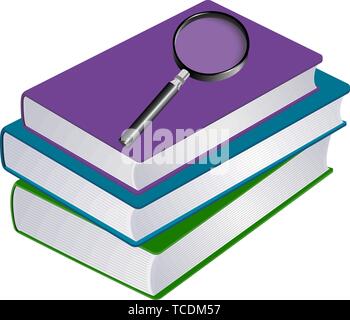 Illustration of stack of books with magnifier Stock Vector