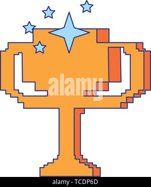 Retro videogame trophy cup pixelated cartoon isolated blue lines Stock Vector