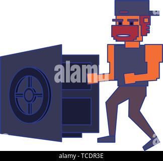 Retro videogame pixelated cartoons isolated blue lines Stock Vector