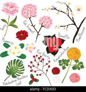 Flower Set 4. Flora Vector Collection. Botanical Illustration. isolated on White Background. Stock Vector