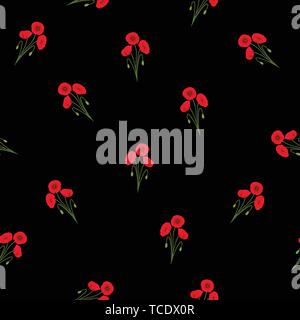 Red Corn Poppy Seamless on Black Background. Vector Illustration. Stock Vector