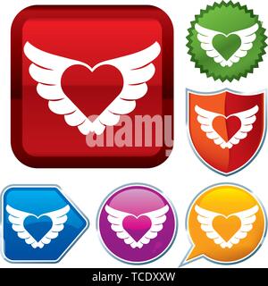 Vector illustration. Set shiny icon series on buttons. Flying heart. Stock Vector