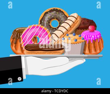 Sweet desserts in tray in hand. Stock Vector