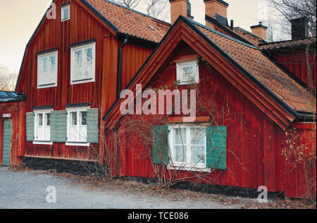 Falun red traditional timber 18th century houses, 17 & 19 Stigbergsgatan, Sodermalm, Stockholm, Sweden, Scandinavia Stock Photo