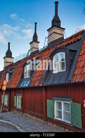 Falun red traditional timber 18th century houses, 23 Stigbergsgatan, Sodermalm, Stockholm, Sweden, Scandinavia Stock Photo