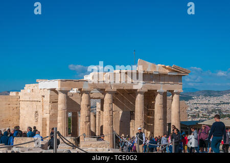 ATHENS GREECE - OCTOBER 25 2018: Tourists near the Acropolis Propylaea Stock Photo