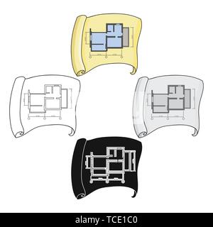 Technical drawing of house icon in cartoon,black design isolated on white background. Architect symbol stock vector illustration. Stock Vector