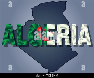 The contours of territory of Algeria and Algeria word in colours of the national flag Stock Vector