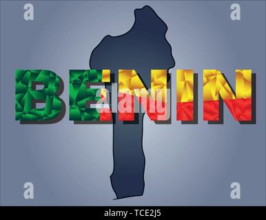 The contours of territory of Benin and Benin word in colours of the national flag, green, yellow and red. Africa continent Stock Vector