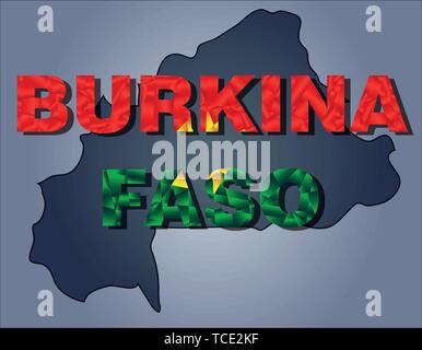 The contours of territory of Burkina Faso and Burkina Faso word in colours of the national flag, green, yellow and red. Africa continent Stock Vector