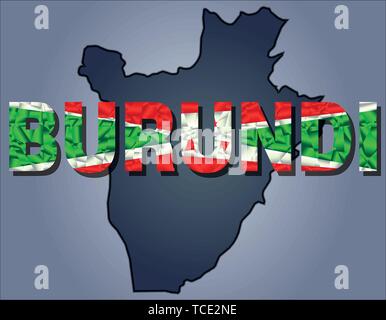 The contours of territory of Burundi and Burundi word in colours of the national flag, green, white and red. Africa continent Stock Vector