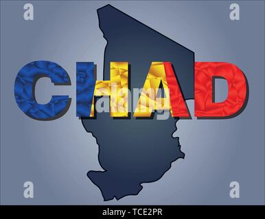 The contours of territory of Chad and Chad word in colours of the national flag, blue, yellow and red. Africa continent Stock Vector