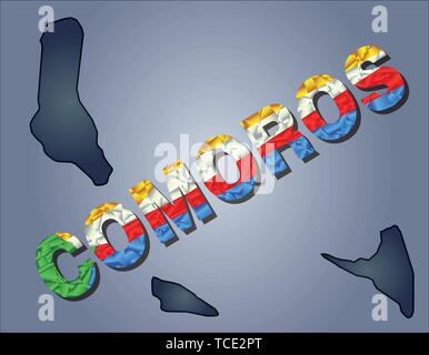 The contours of territory of Comoros islands and Comoros word in colours of the national flag, blue, yellow, white, green and red. Africa continent Stock Vector