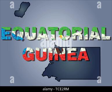 The contours of territory of Equatorial Guinea and Equatorial Guinea word in colours of the national flag, green, white, blue and red. Africa Stock Vector