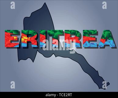 The contours of territory of Eritrea and Eritrea word in colours of the national flag, green, yellow, blue and red. Africa continent Stock Vector