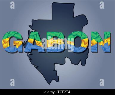 The contours of territory of Gabon and Gabon word in colours of the national flag, blue, yellow and green. Africa continent Stock Vector