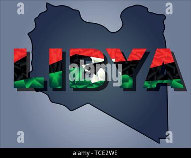 The contours of territory of Libya and Libya word in colours of the national flag, red, white, black and green. Africa continent Stock Vector