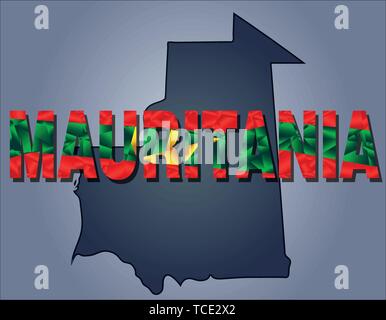 The contours of territory of Mauritania and Mauritania word in colours of the national flag, red, yellow and green. Africa continent Stock Vector