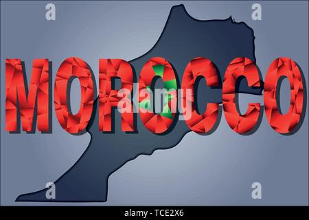 The contours of territory of Morocco and Morocco word in colours of the national flag, green and red. Africa continent Stock Vector